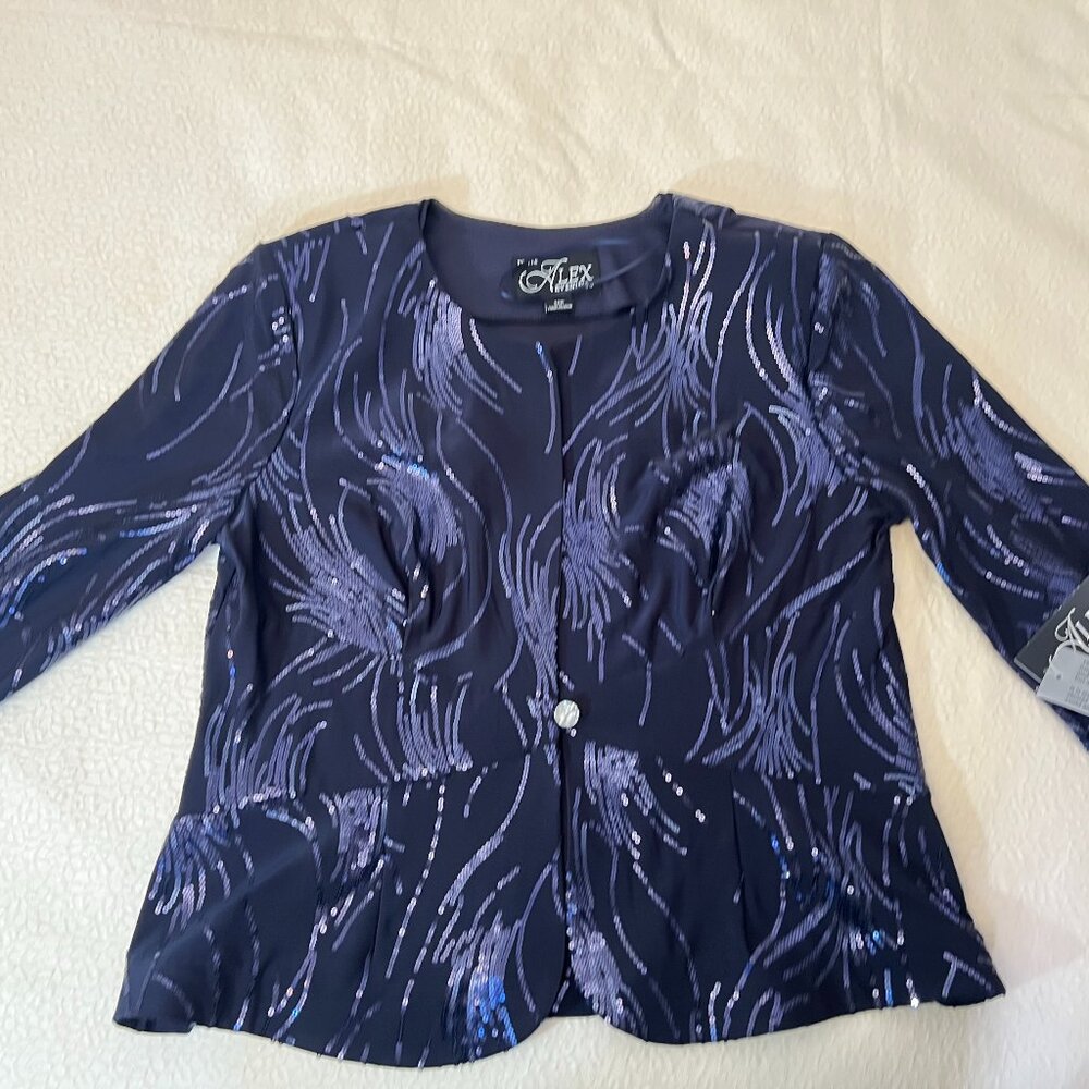 NWT ALEX EVENINGS Navy Blue Sequined A-ine Midi Petite Dress & Jacket - Size 12P - Picture 6 of 14